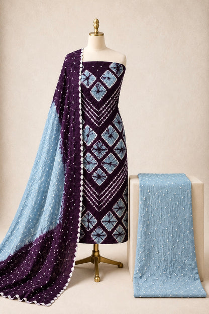 Cotton Shibori Work 3Pc Unstitched Bandhani Dress Material
