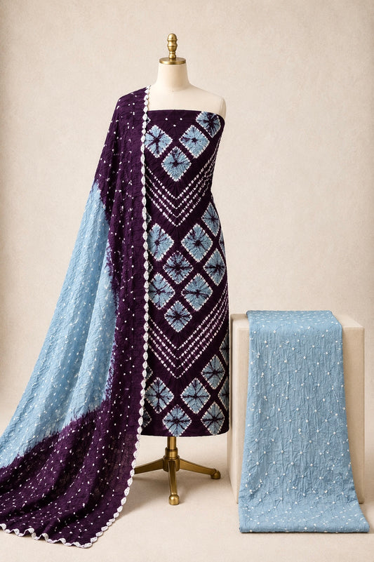 Cotton Shibori Work 3Pc Unstitched Bandhani Dress Material