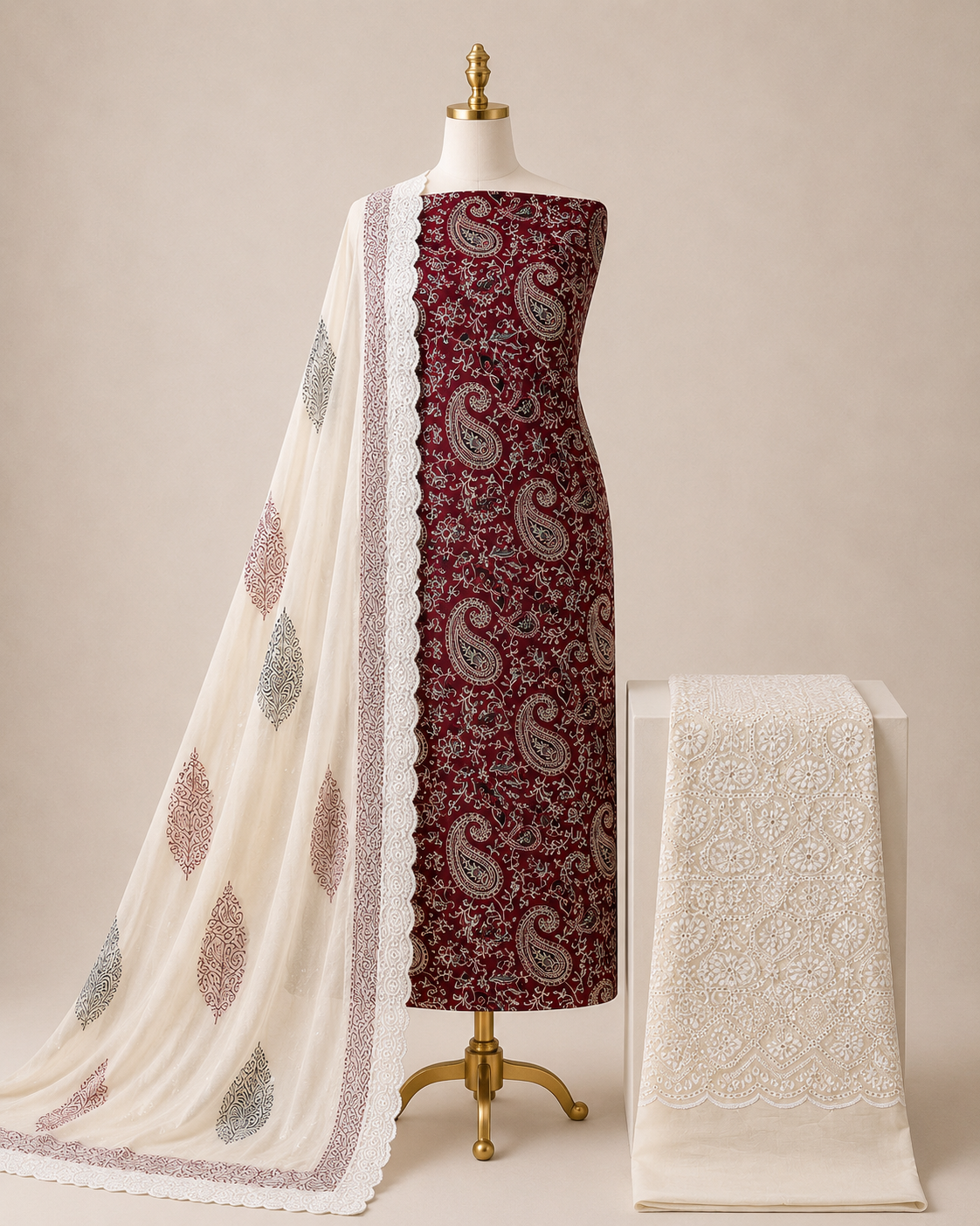 Soft Cotton Hand Blocked Ajrakh Print with Chikan Work Salwar 3Pc Unstitched Dress Material