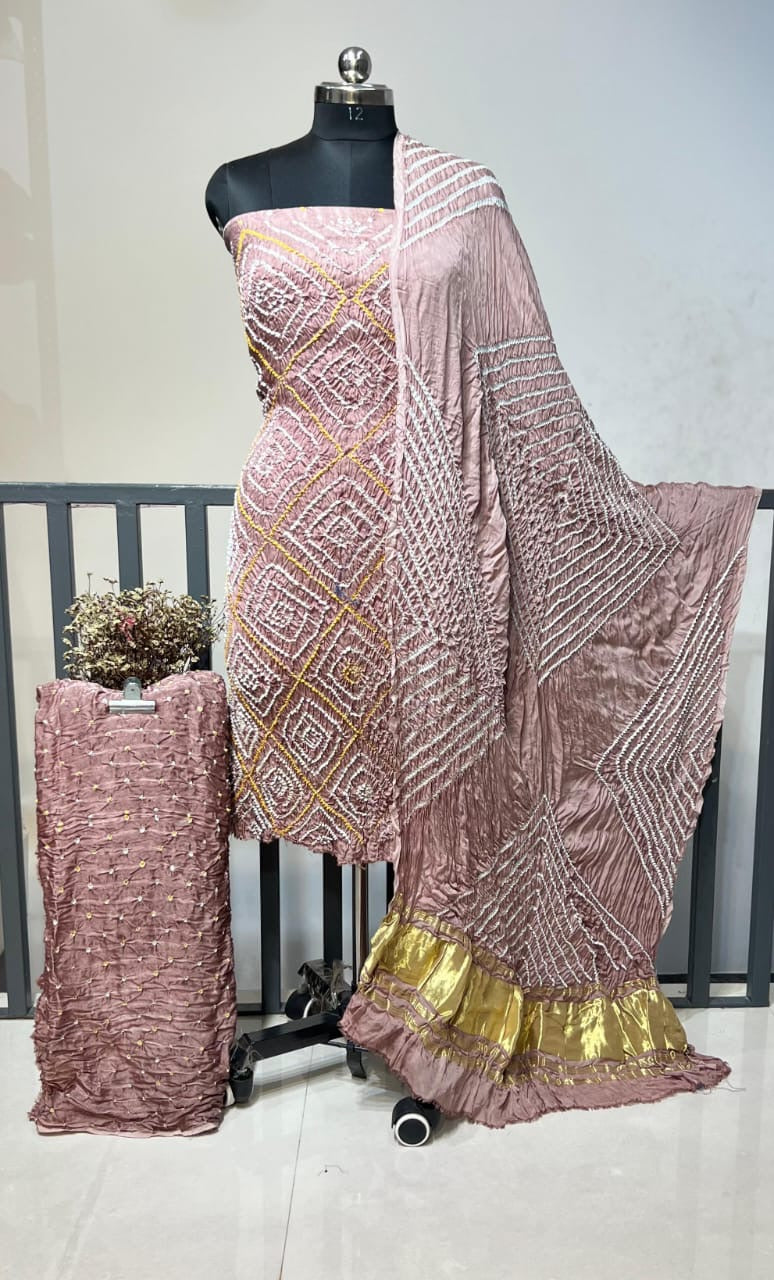 Modal Silk Original Kutch Hand Crafted Barik Bandhej Work Silk Bandhani Dress Material (Unstitched)