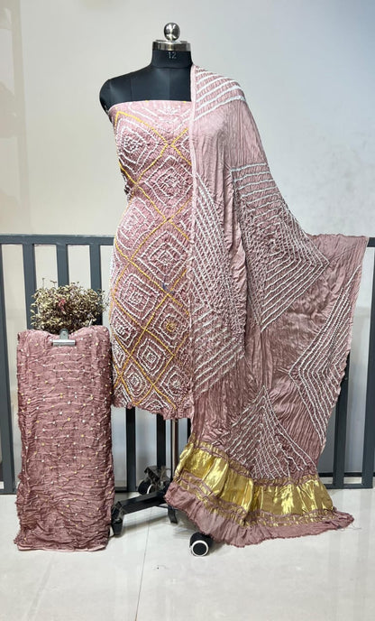 Modal Silk Original Kutch Hand Crafted Barik Bandhej Work Silk Bandhani Dress Material (Unstitched)