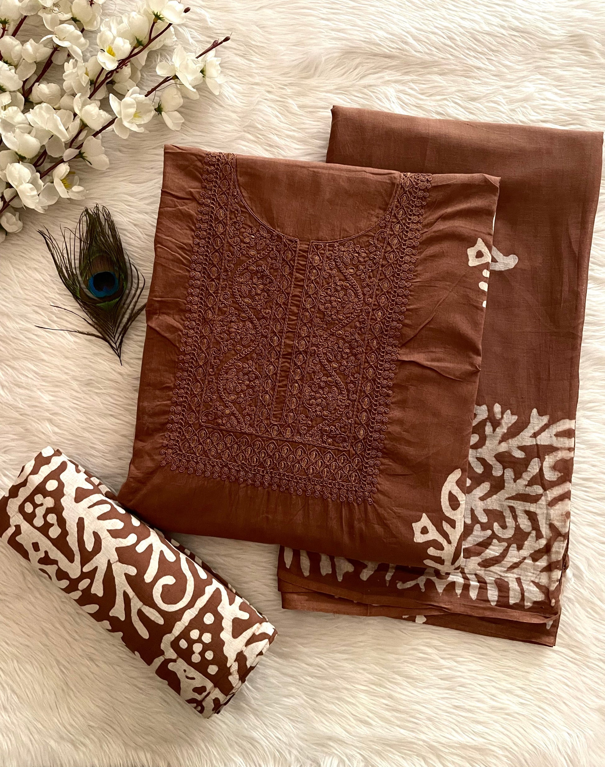 Lakhnavi Thread Work Block Print Batik Dress Material (Unstitched) –