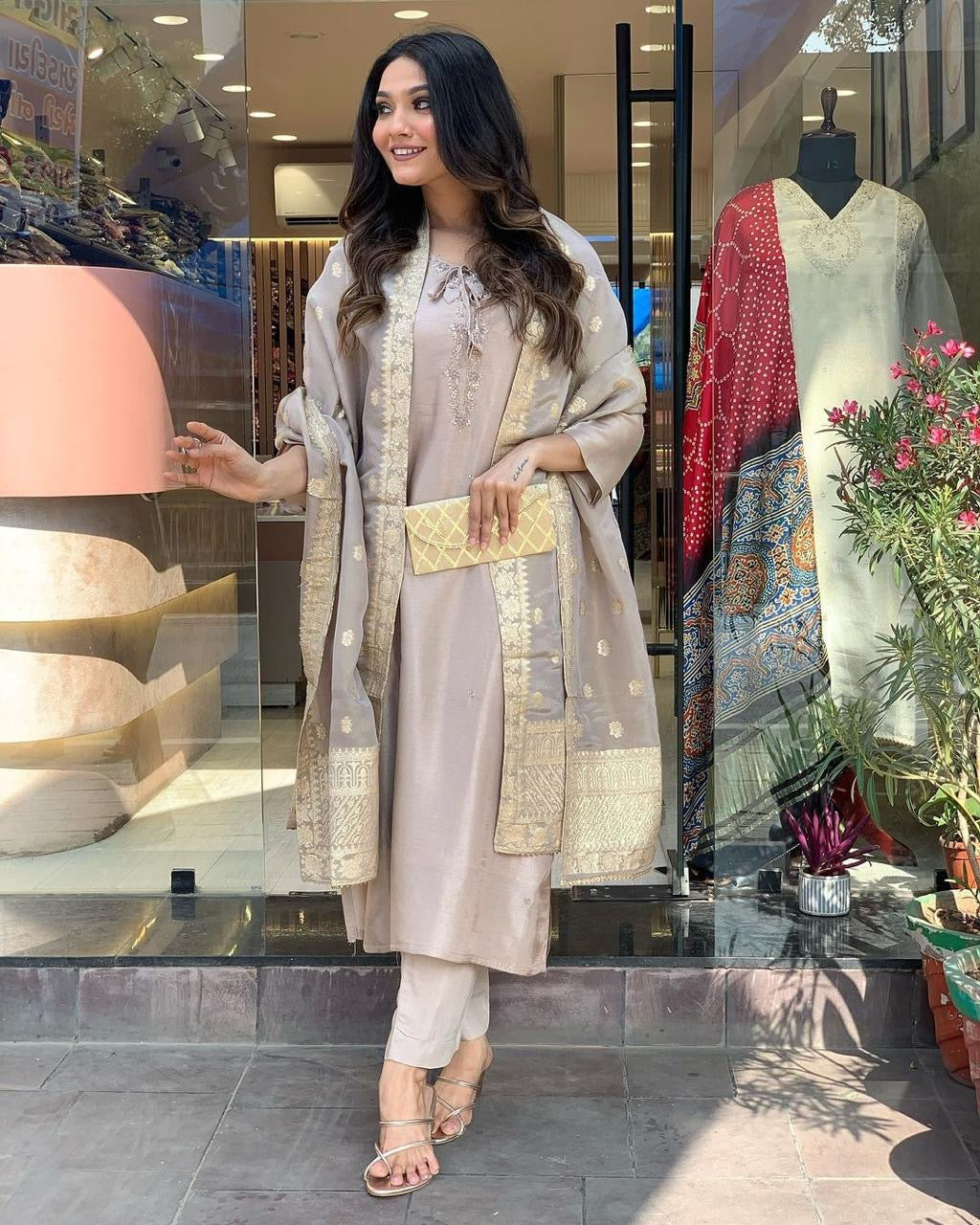 Roman Silk Jeckard Hand work Zari Weaving work Kurti Pant Dupatta Set (Stitched) - Premium  from Ethenika.com  - Just INR 2990! Shop now at Ethenika.com 