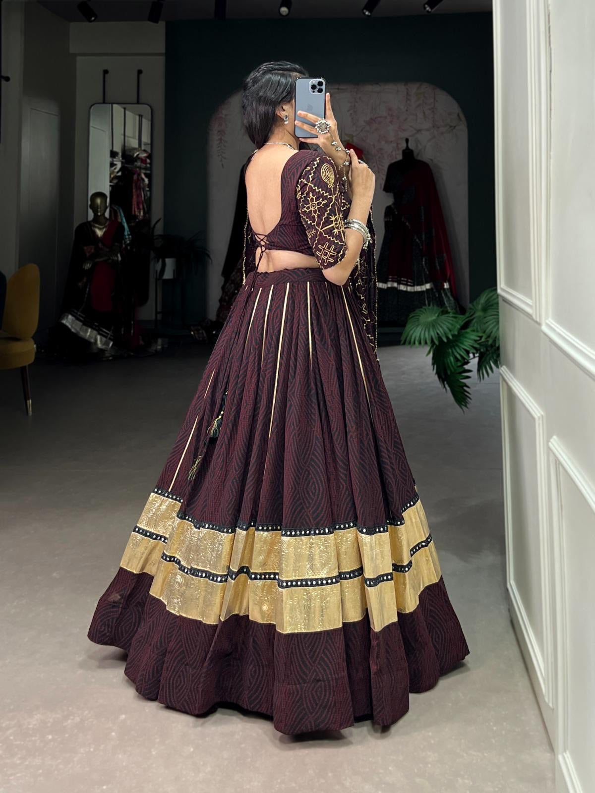 Georgette Bandhej Print with Embossed Print Mirror Work Designer Chaniya Choli (Ready to Wear)with Purse