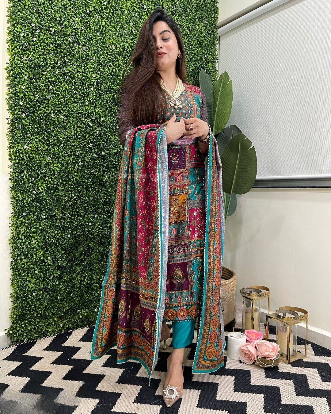 Muslin Real Mirror work Digital Print  Party wear Kurti Pant Dupatta set - Premium  from Ethenika.com  - Just INR 2790! Shop now at Ethenika.com 