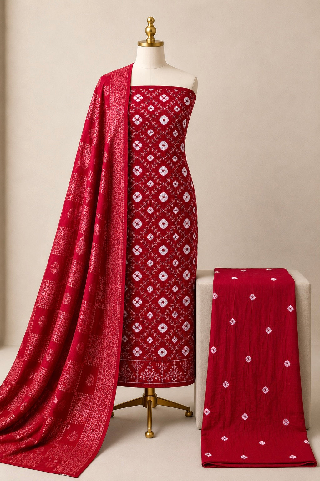 Cotton satin handmade Bandhani thread-work unstitched dress material