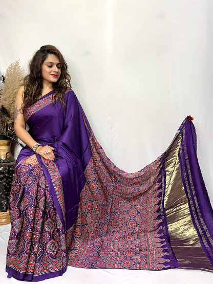 Modal fine Silk Hand Blocked Ajrakh work Saree - Premium  from Ethenika.com  - Just INR 5990! Shop now at Ethenika.com 