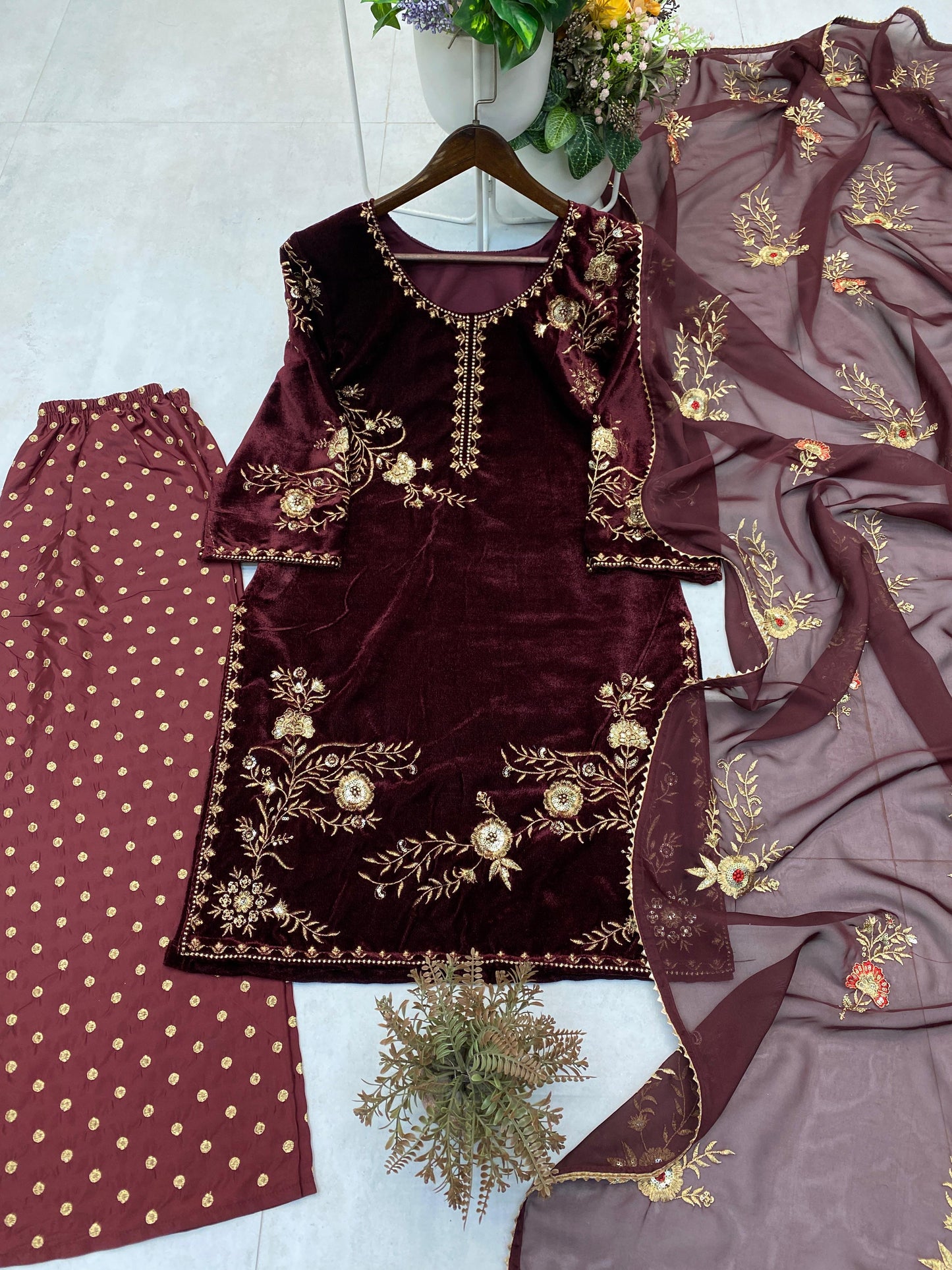 Sequence Embroidery Work Winter Special Velvet Kurti Pant Dupatta Set (Ready to Wear)