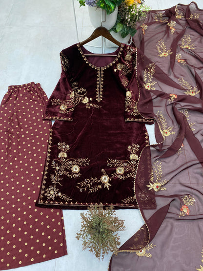 Sequence Embroidery Work Winter Special Velvet Kurti Pant Dupatta Set (Ready to Wear)