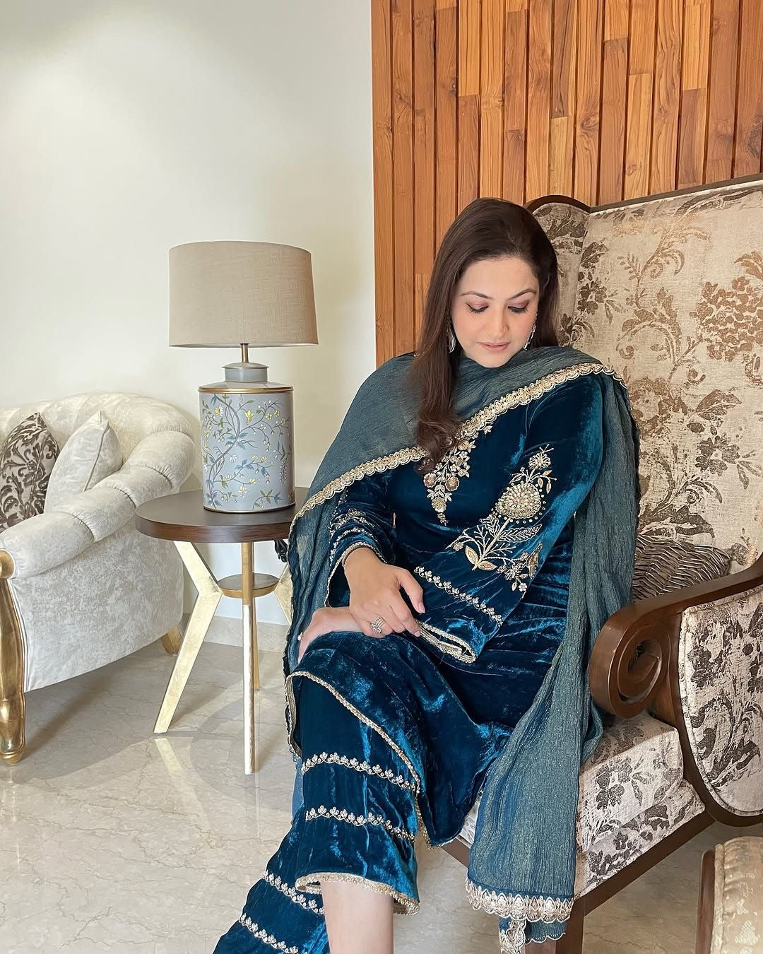 Sequence Coding Work Winter Special Designer Velvet Kurti Pant Dupatta Set (Ready to Wear)