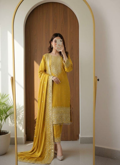 Chinon Silk Designer Party Wear Kurti Pant Dupatta Set