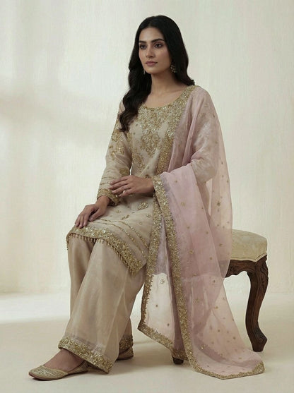 Silk Sequence Embroidery Work Designer Kurti Pant Dupatta Set