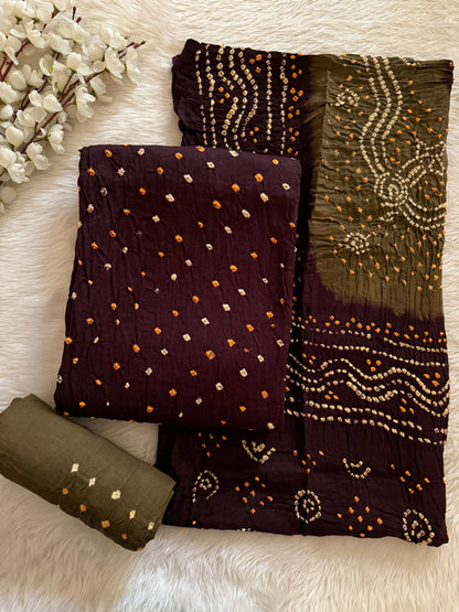 Cotton Satin Heavy Bandhej Work Contrast Kutch Bandhani Dress Material (Unstitched)