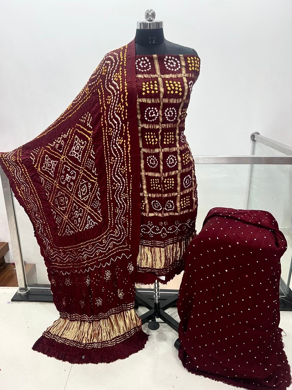 Modal Silk Golden Chex Rai Bandhej Bandhani Dress Material