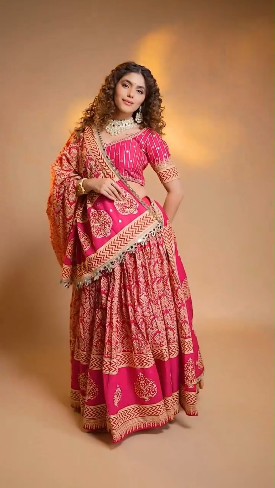 Printed Mirror Work Rayon Chaniya Choli - lehenga detail