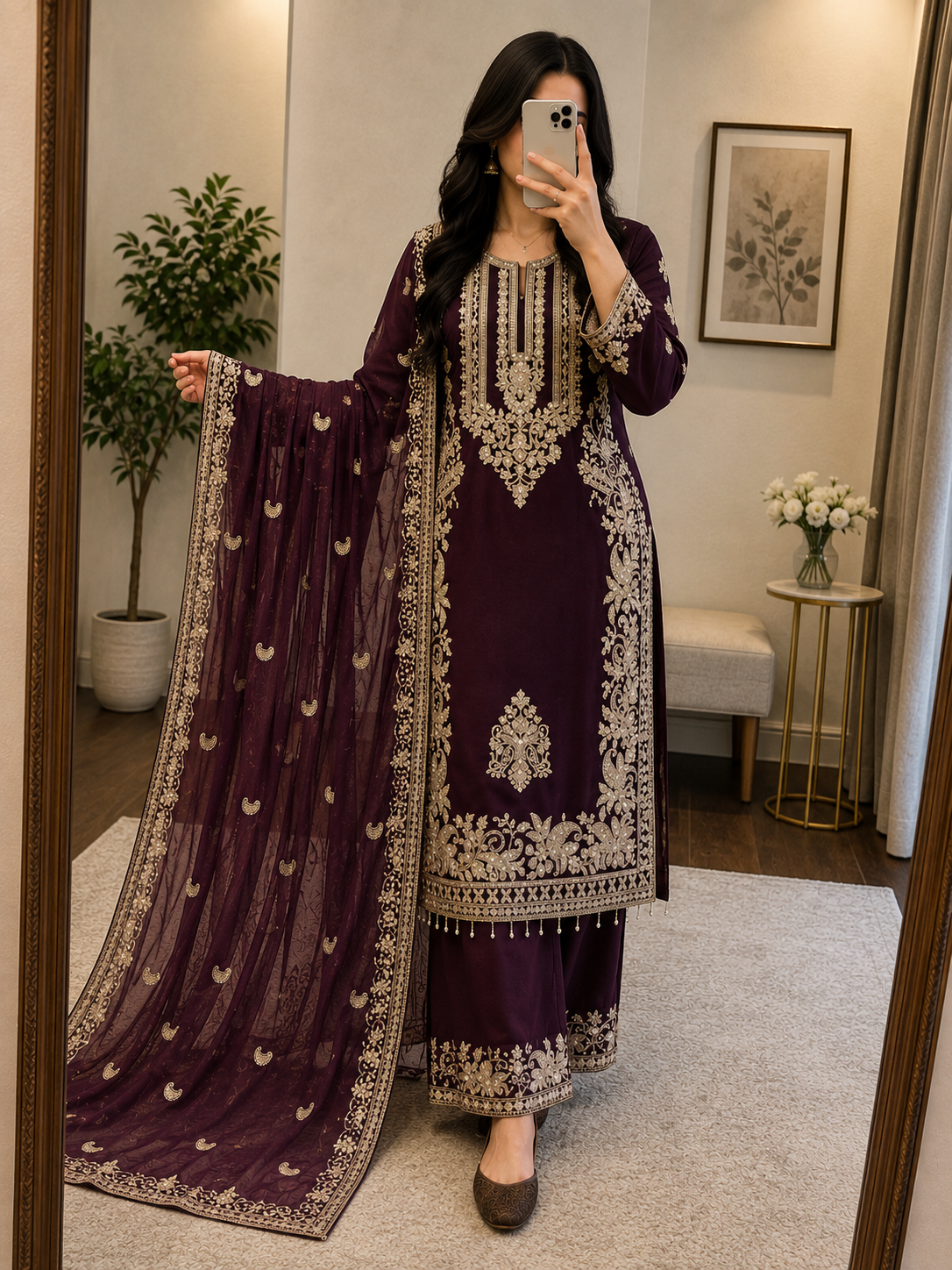 Faux Georgette Sequence Embroidery 3Pc Designer Kurti Pant Dupatta Set (Ready to Wear)