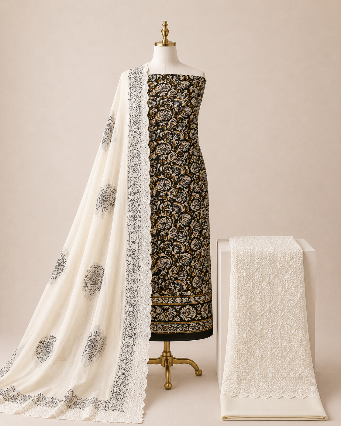 Ajrakh Print Chikan Work Dress Material – Cotton 3Pc 2