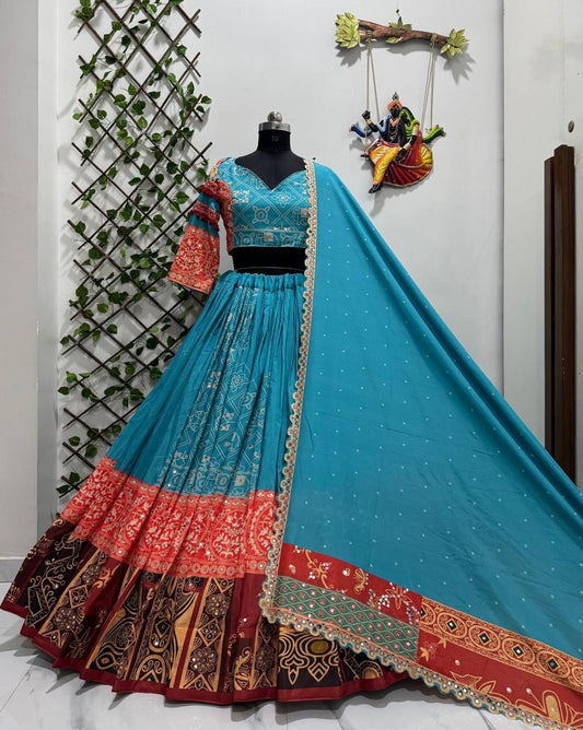 Muslin Digital Print Mirror Work Chaniya Choli - Fabric and Work Detail