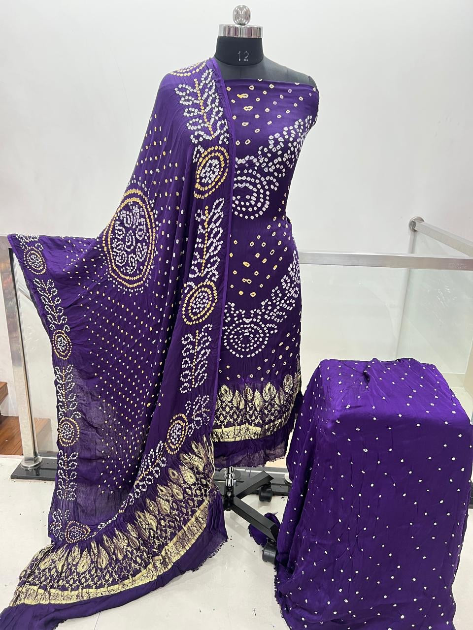 Modal Silk Original Jamnagar Hand Crafted Bandhej Work Bandhani Dress Material (Unstitched)