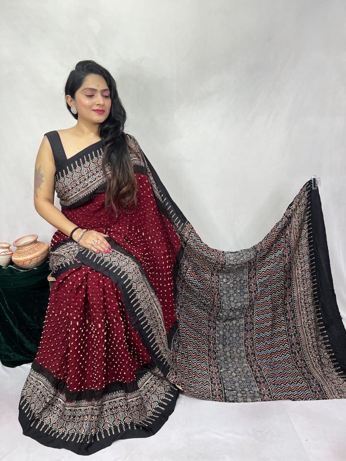 Pure Modal Silk Ajrakh Block Print with Bandhani Work Saree