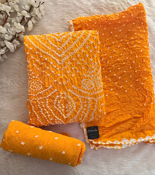 Cotton Fabric Orange Color Unstitched  Bandhani Dress Material for Women