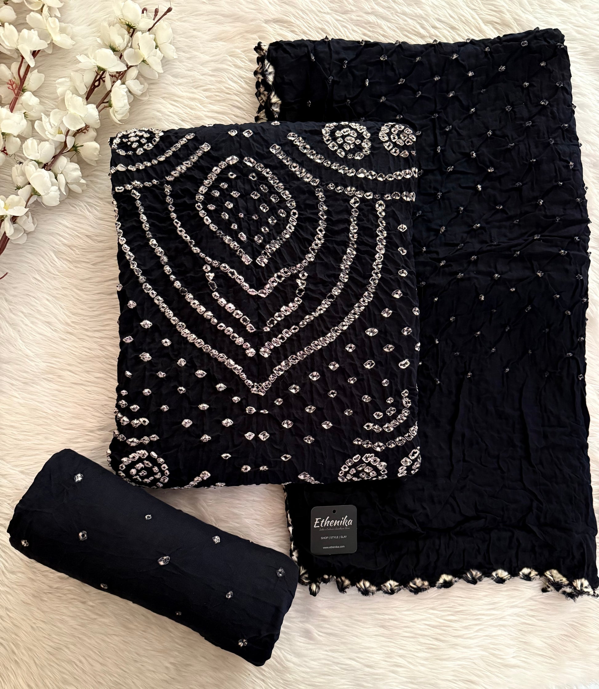 Cotton Fabric Black Color Unstitched  Bandhani Dress Material for Women