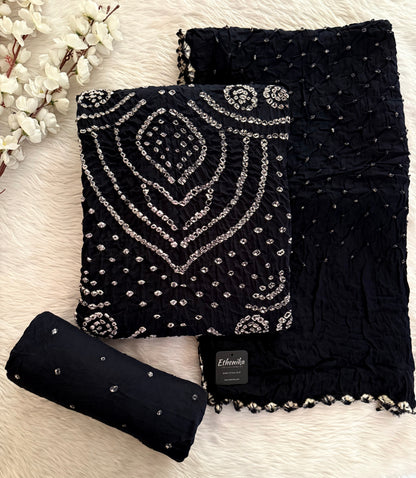 Cotton Fabric Black Color Unstitched  Bandhani Dress Material for Women