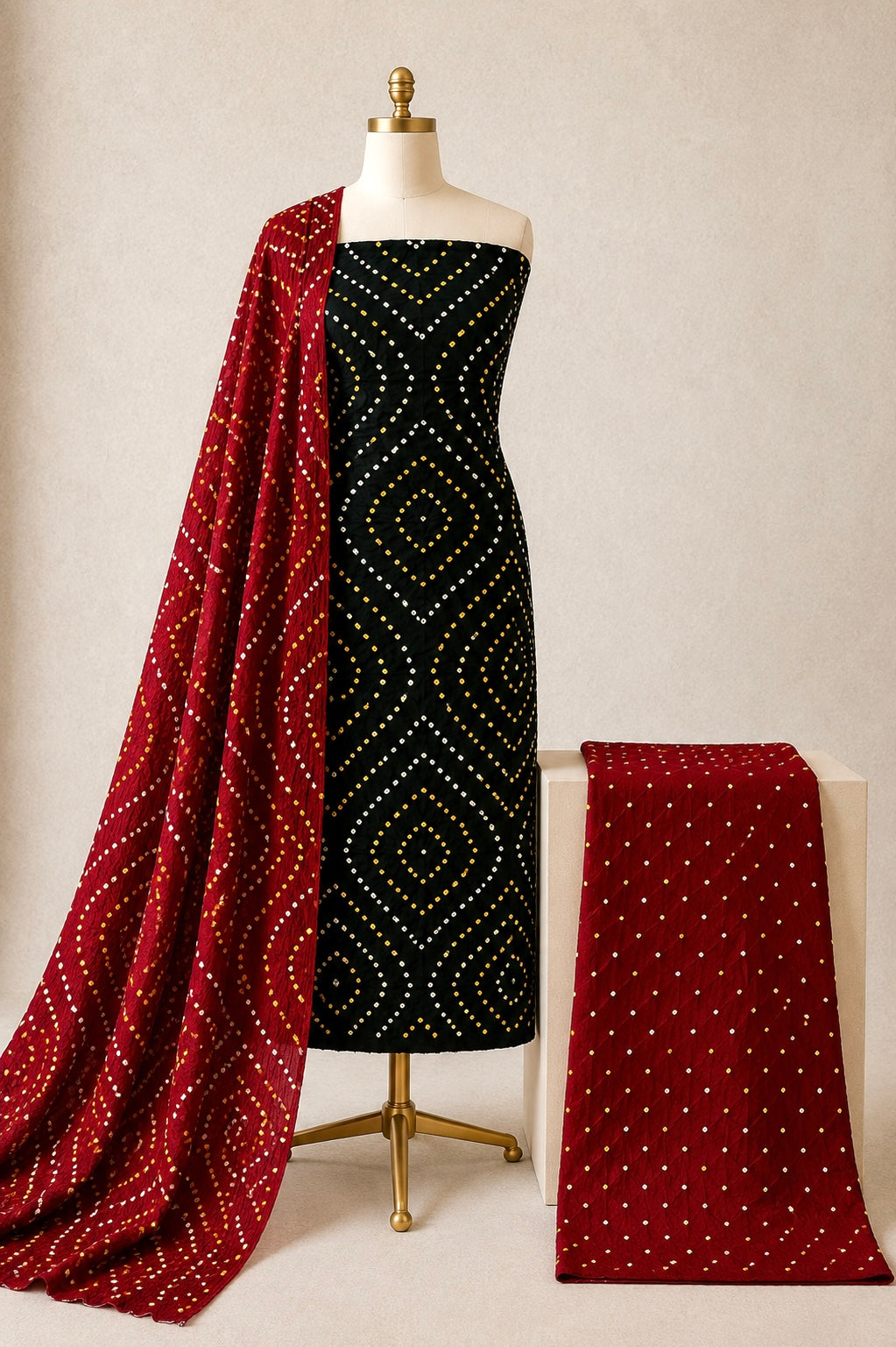Close-up of Jamnagar Bandhej dual-tone tie and dye pattern