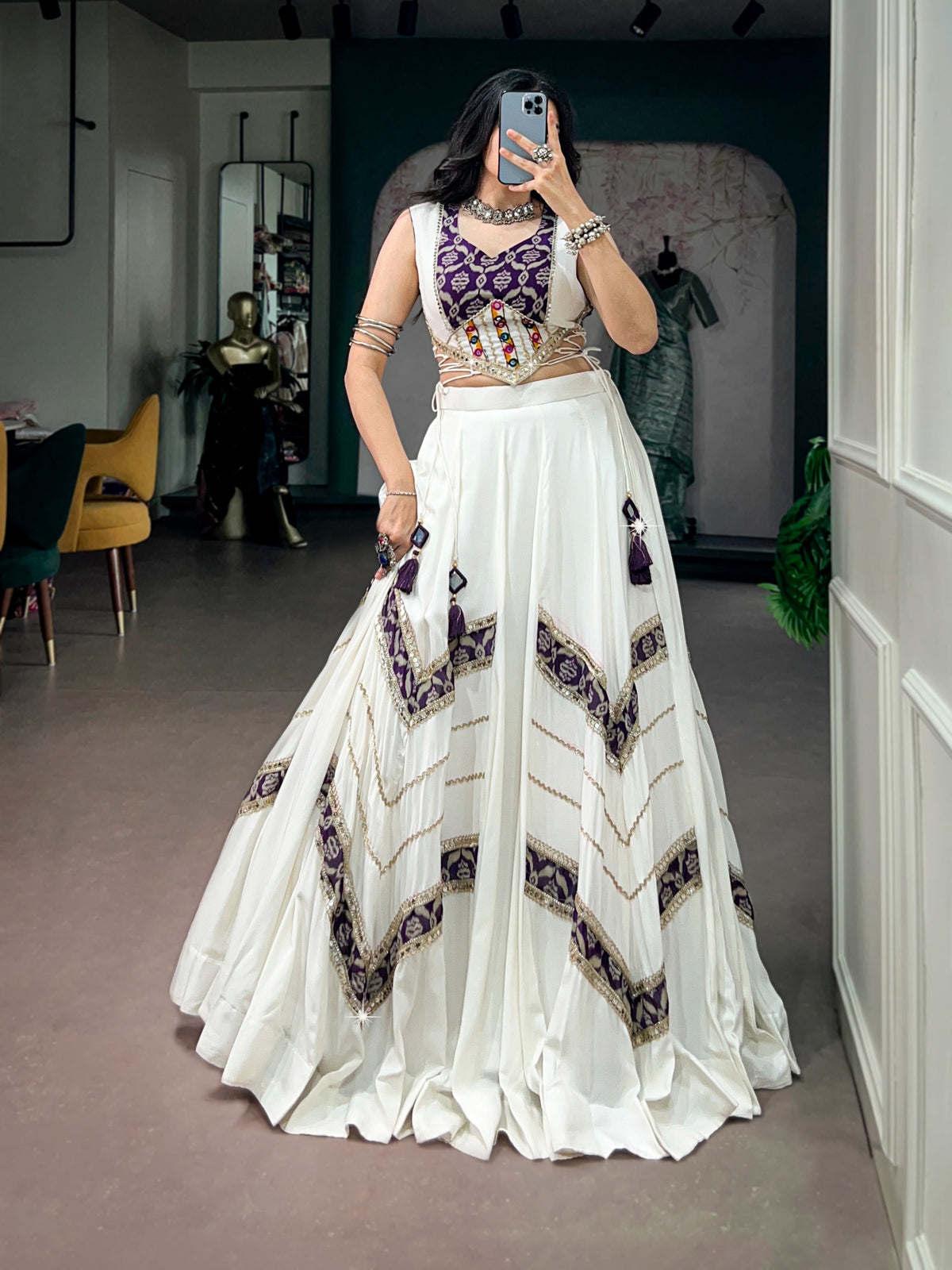 White Chaniya Choli with Gamthi mirror lace blouse - detail view