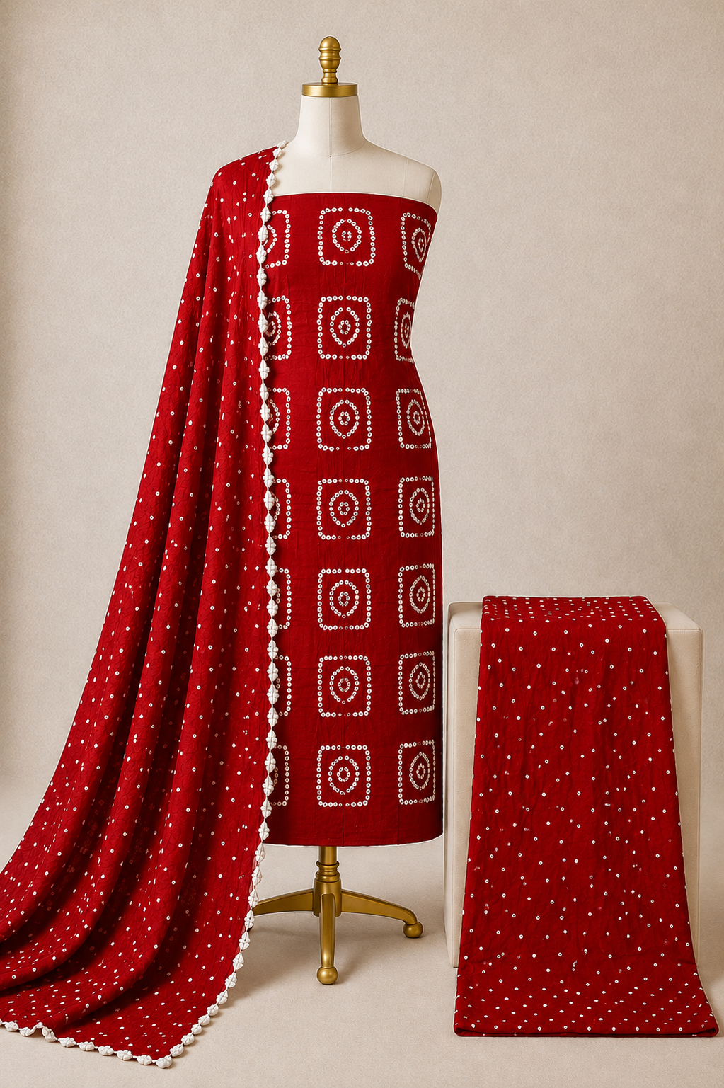 Kutch Self Colour Bandhani – Cotton Satin Dress Material Magenta