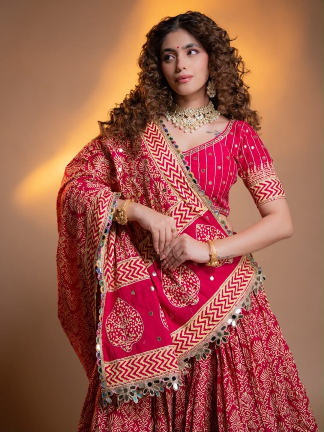 Printed Mirror Work Rayon Chaniya Choli - dupatta detail