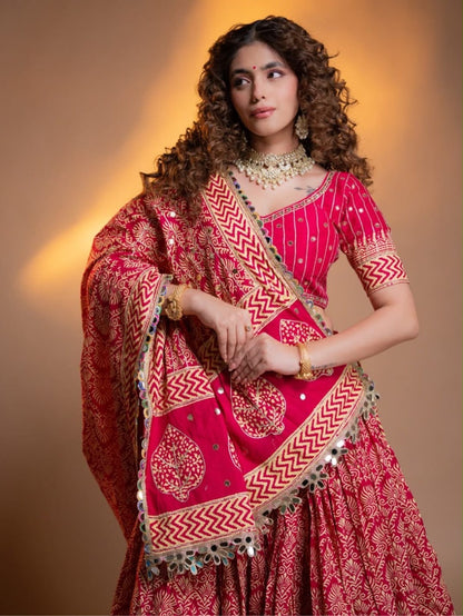 Printed Mirror Work Rayon Chaniya Choli - dupatta detail