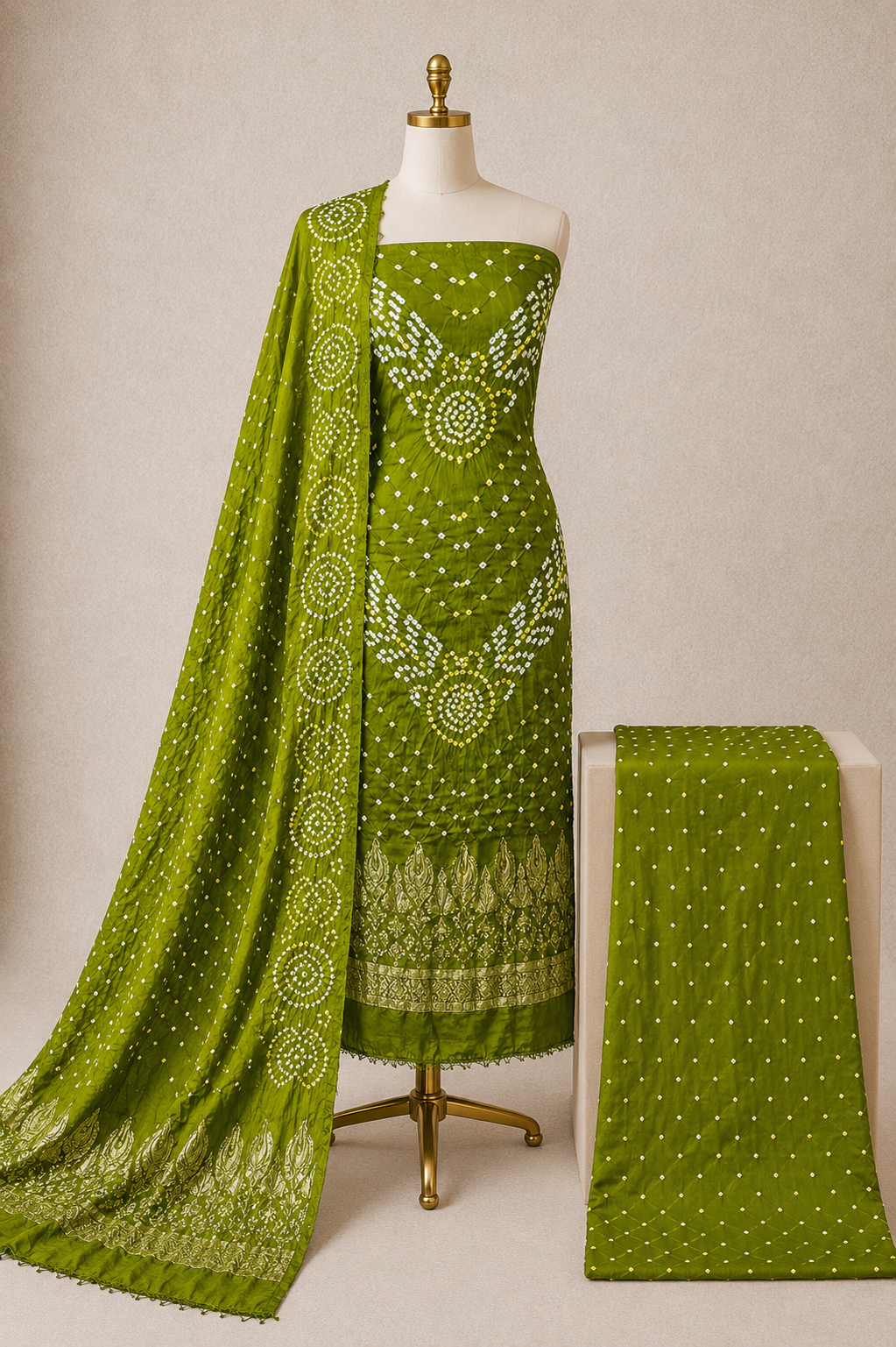 Modal Silk Barik Bandhej Work Silk 3Pc Unstitched Bandhani Dress Material