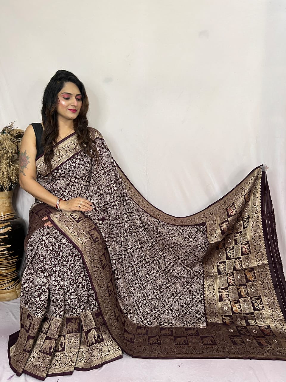 Dola Silk Authentic Hand Crafted Ajrakh Work Saree - Premium  from Ethenika.com  - Just INR 5990! Shop now at Ethenika.com 