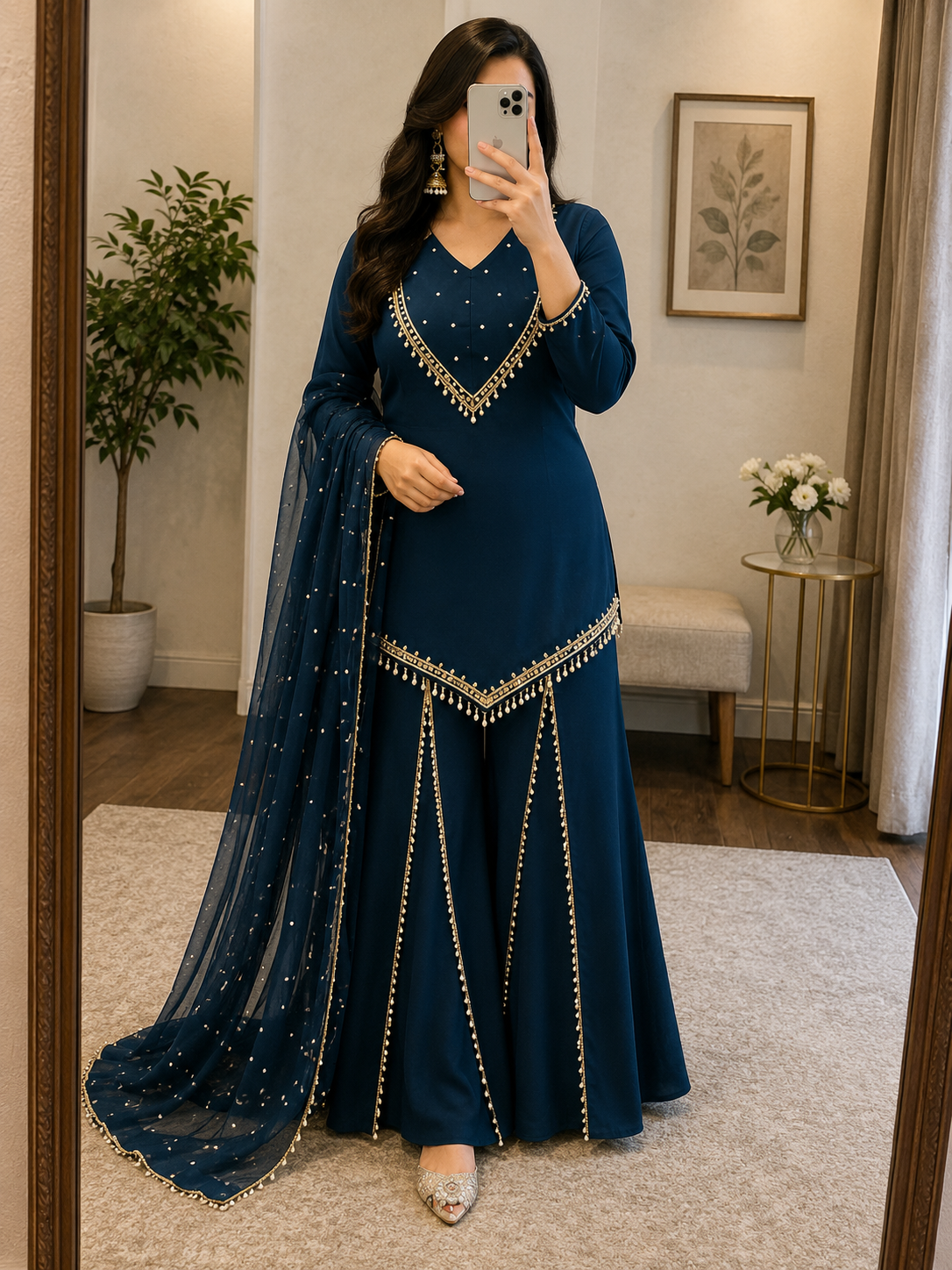Roman Glass Silk Mirror Work Designer Kurti Palazzo Dupatta Set (Ready to Wear)
