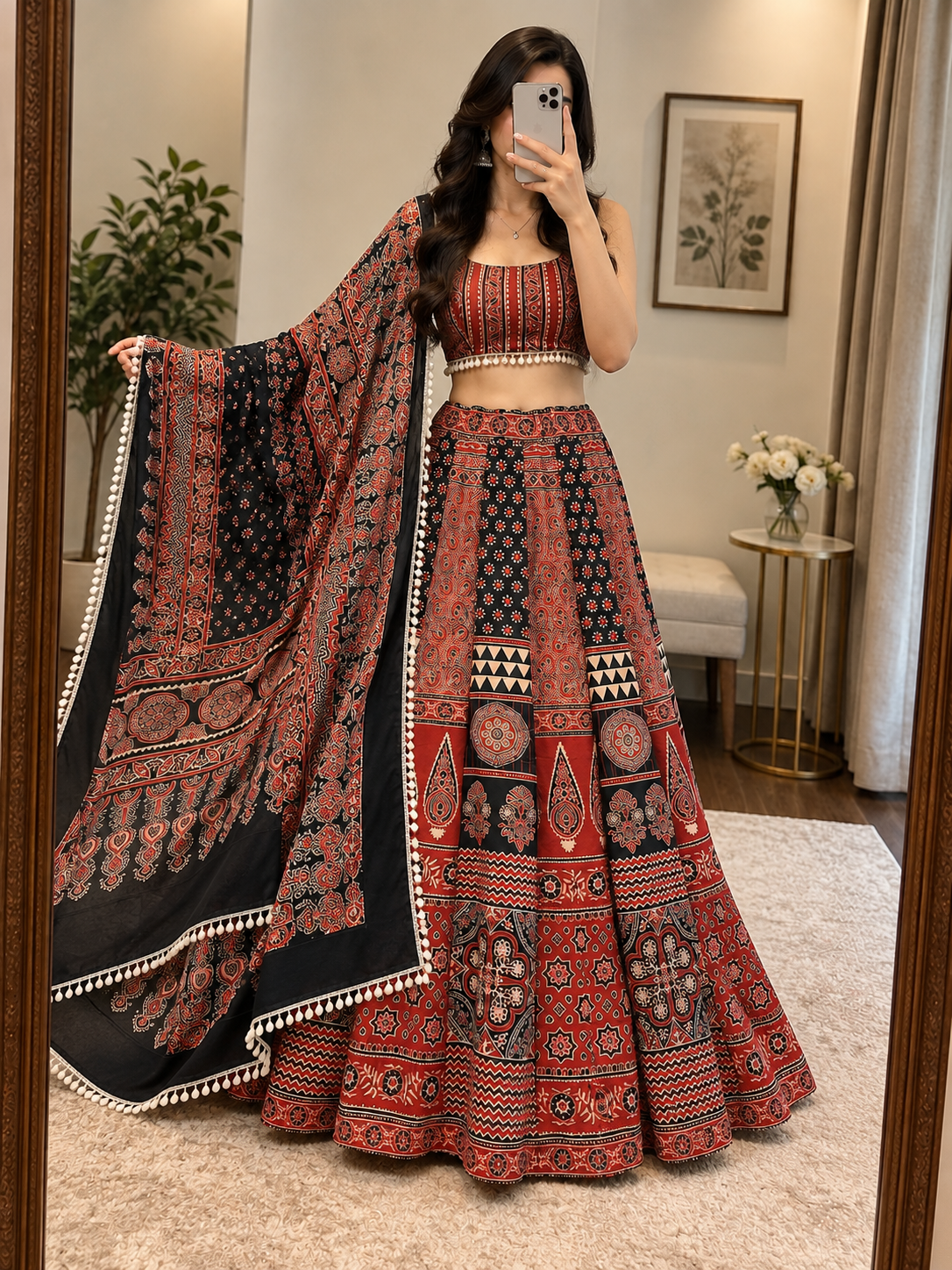 Printed rayon lehenga with 4m flair for Garba - full look
