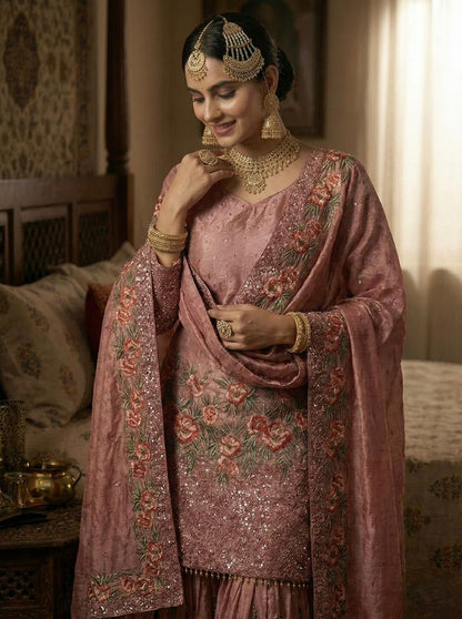 Fendy Silk Designer Kurti Sharara Dupatta Set for Eid