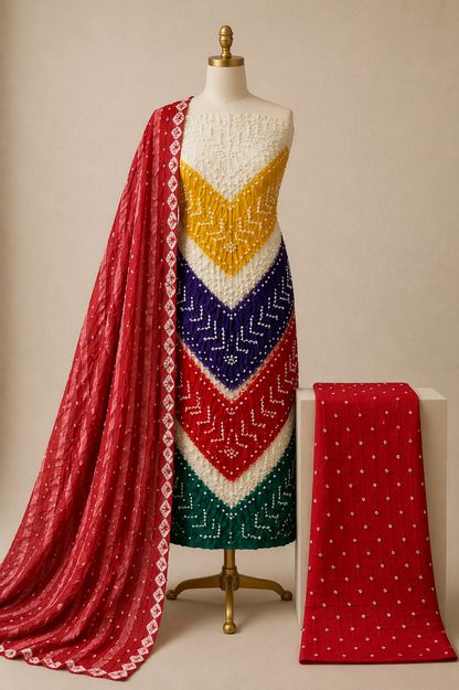 Cotton Satin Multicolor V Panel Kutch 3Pc Unstitched Bandhani Dress Material