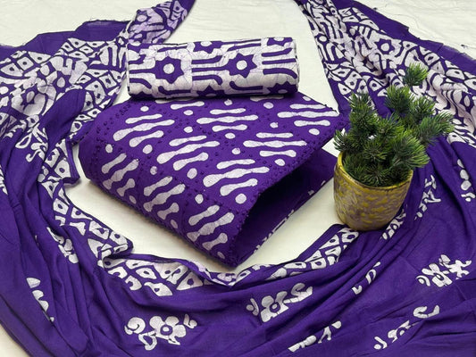 Cotton Thread Work Hand Block Unstitched Batik Dress Material