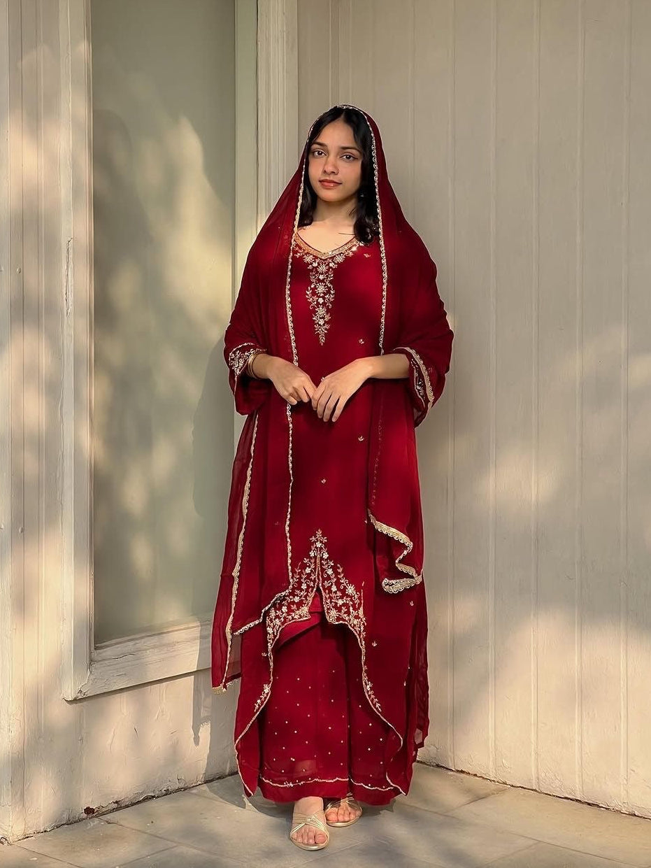 Faux Georgette Designer Ready Wear Kurti Pallazo Dupatta Set