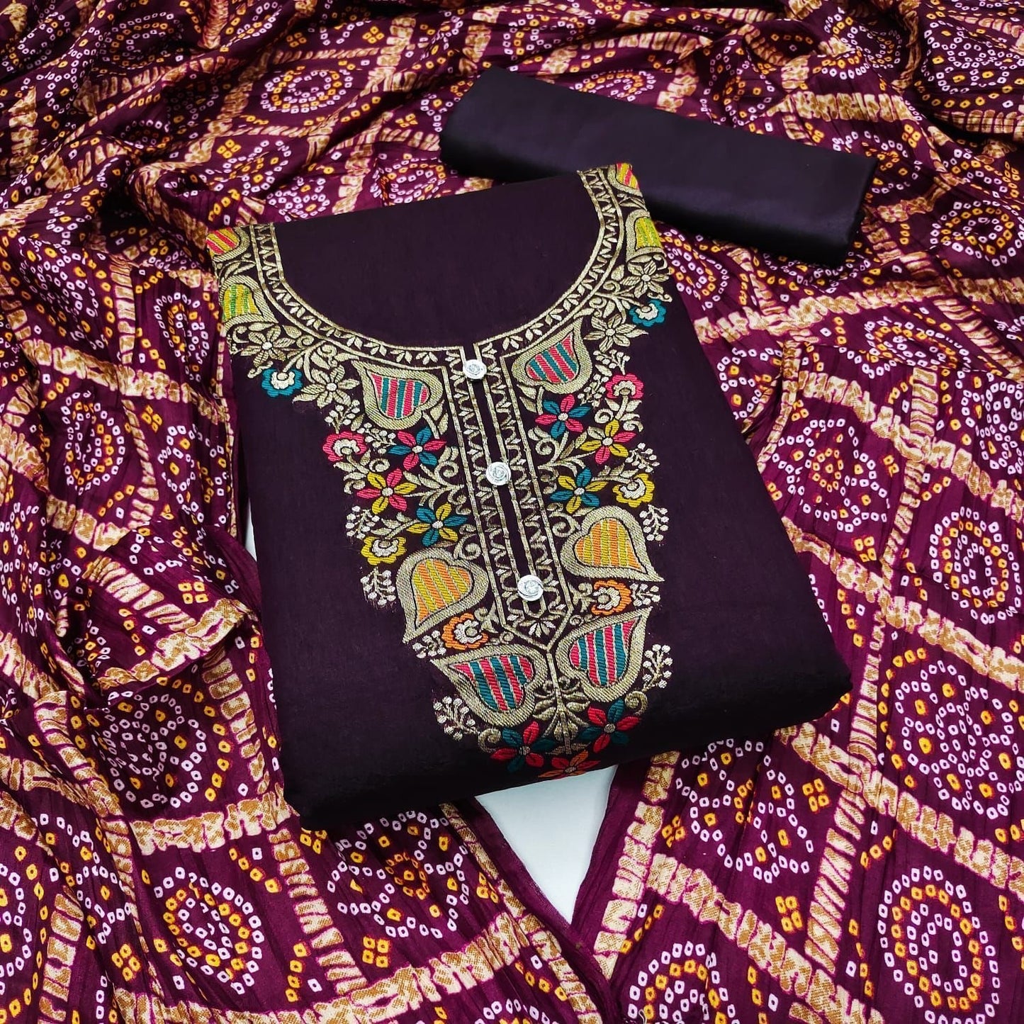 Banarsi Jeckard Neck Embroidery work with Bandhani Print Dupatta Dress Material (Unstitched) - Premium  from Ethenika.com  - Just INR 1390! Shop now at Ethenika.com 