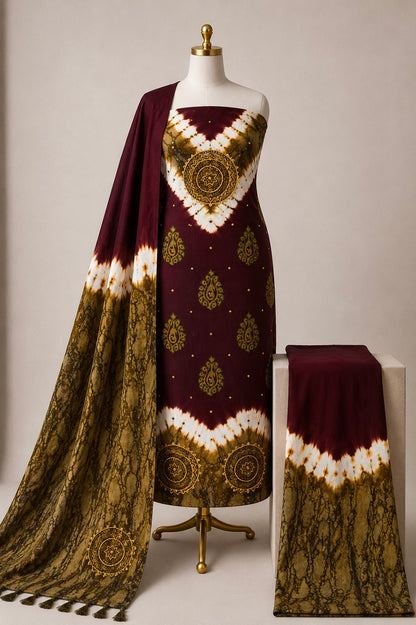 Soft Cotton Mirror Khatli Thread Work 3pc Unstitched Shibori Bandhani Dress Material
