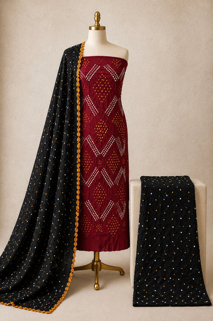 Cotton Satin Multi Gulti Contrast 3Pc Unstitched Bandhani Dress Material