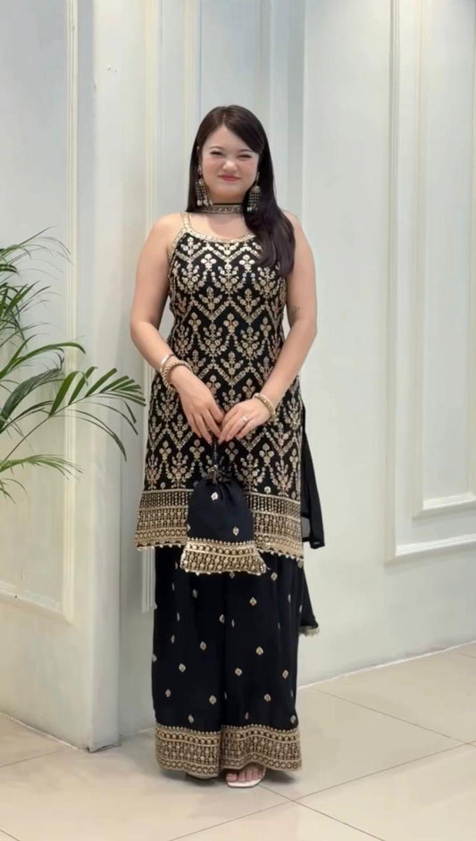 Faux Georgette Sequence Embroidery Work Sleeveless Kurti Sharara Dupatta with Bag Set(Ready to Wear)