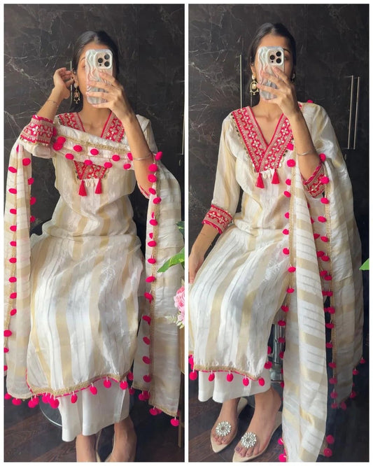 Chanderi Silk Fancy Lace Work with latkan Kurti Palazzo Dupatta Set