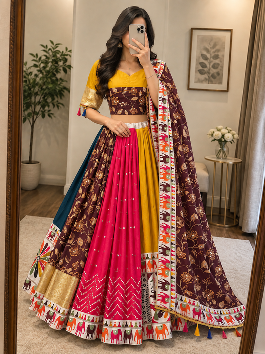 Muslin Digital Print Mirror Work Chaniya Choli for Navratri - Front View