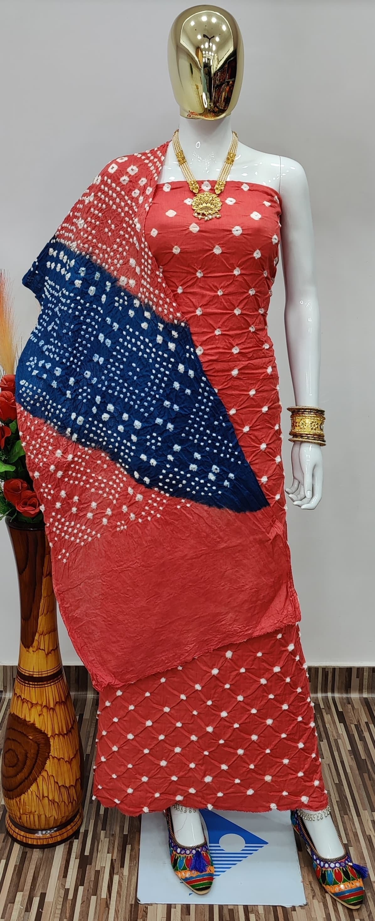 Peach – Blue Kanjivaram Bandhani Saree – Bandhani Culture