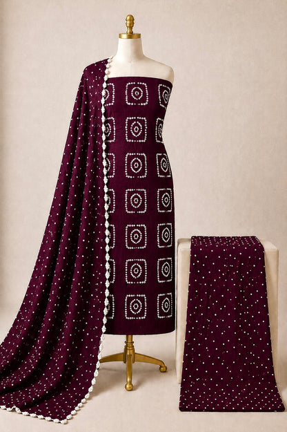 Cotton Satin Self Color Kutch 3Pc Unstitched Bandhani Dress Material