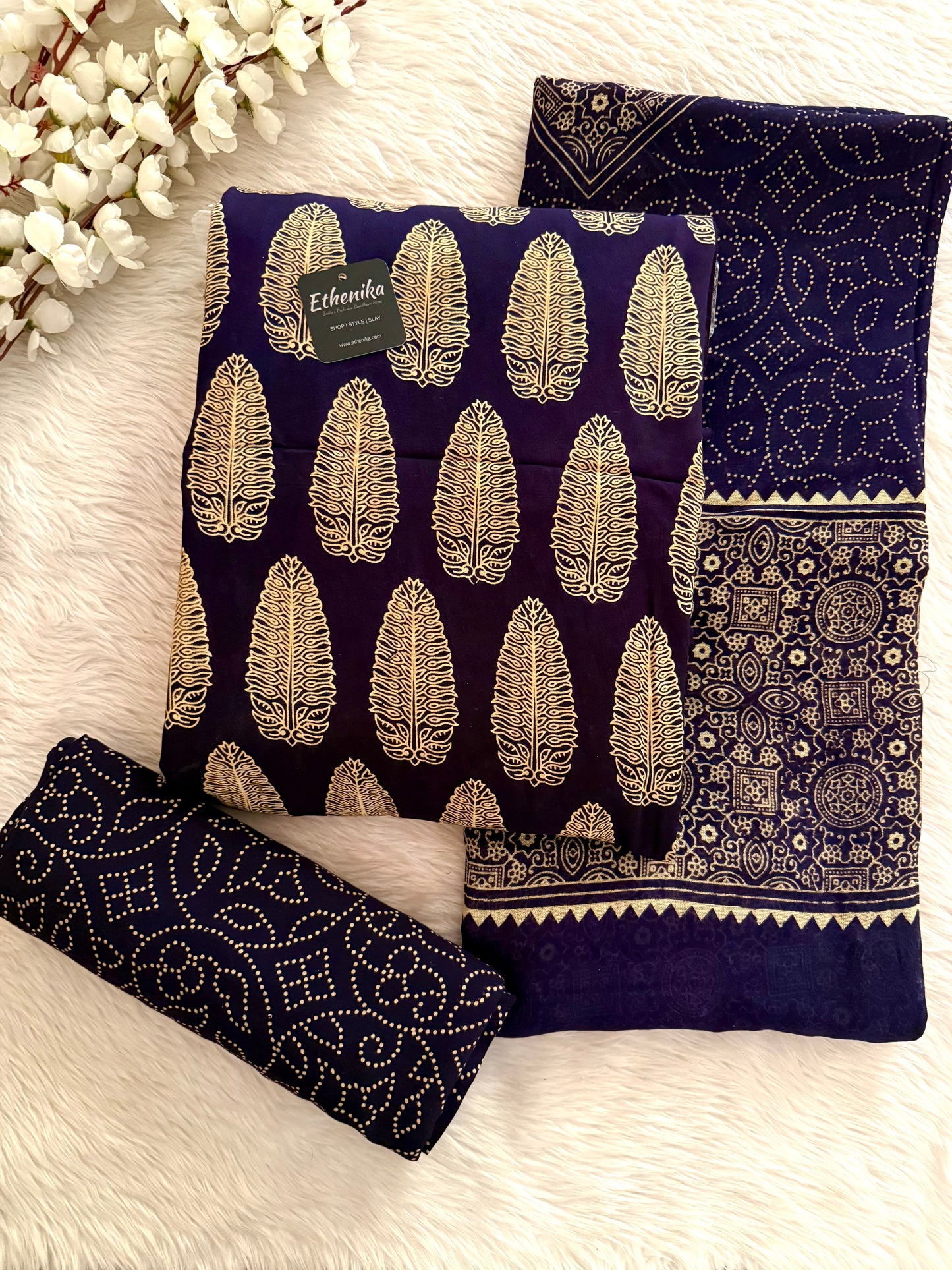 Cotton Ajrakh Print Work Elegant Concept Dress Material (Unstitched)