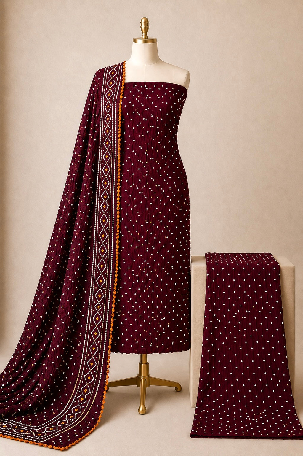 Cotton Satin Self Color 3Pc Kutch Unstitched Bandhani Dress Material